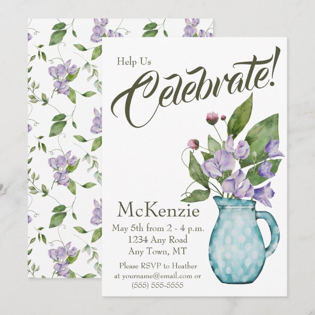 Invitation Aquarelle Purple Floral Swea Peas Party (Devant / Derrière)