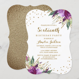 Invitation Aquarelle Purple Gold Flower 16e fête d'anniversai