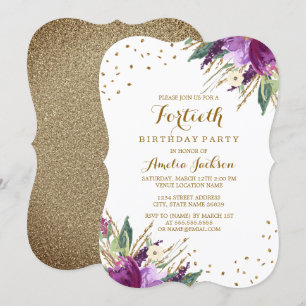 Invitation Aquarelle Purple Gold Flower 40th Birthday Party