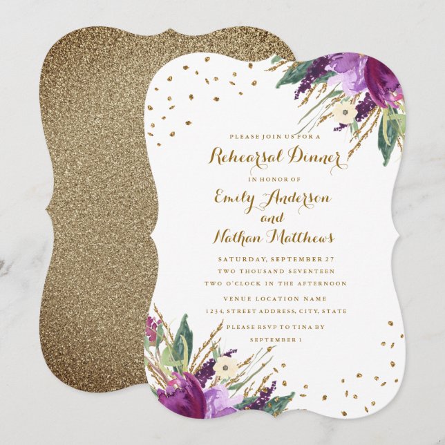 Invitation Aquarelle Purple Gold Flower Dîner de répétition (Devant / Derrière)