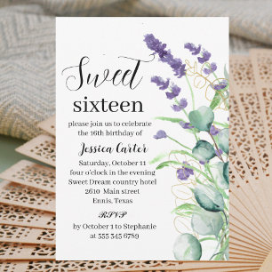 Invitation Aquarelle Purple Lavande Eucalyptus Sweet 16