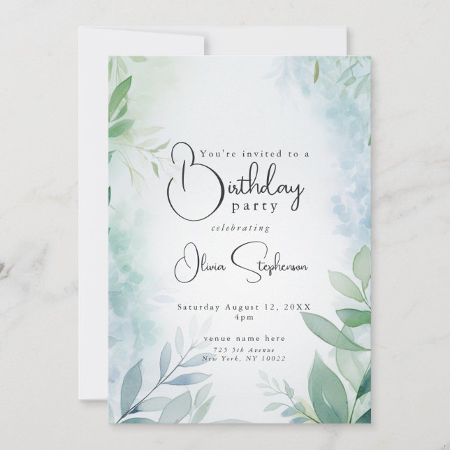 Invitation Aquarelle QR Bleu et feuillage vert Anniversaire (Devant)