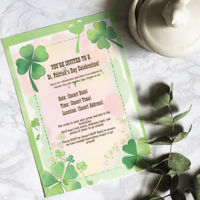 Invitation Aquarelle quatre feuilles de Shamrock St. Patrick' (Watercolor Four Leaf Clove Shamrock St. Patrick's Invitation
)