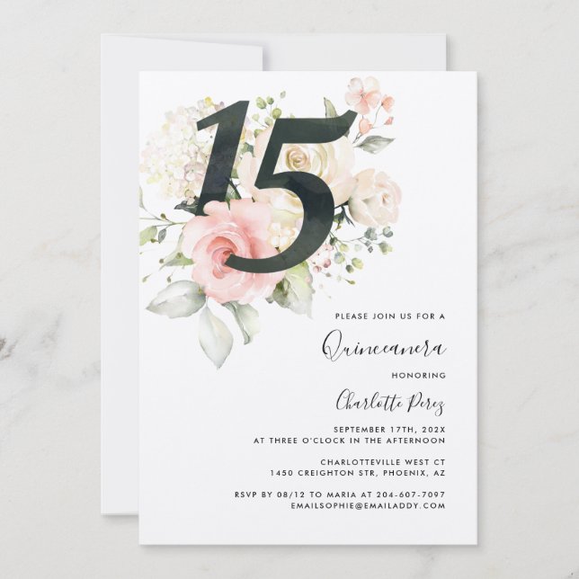 Invitation Aquarelle Quinceanera Florale Rose 15e anniversair (Devant)