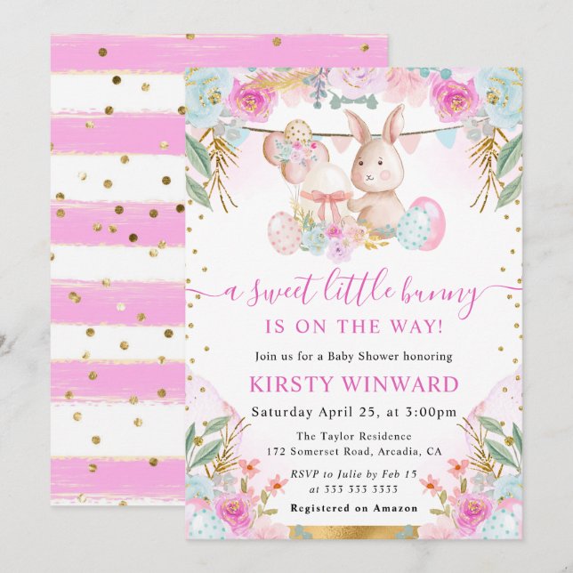 Invitation Aquarelle Rabbit de Pâques et Baby shower de fleur (Devant / Derrière)