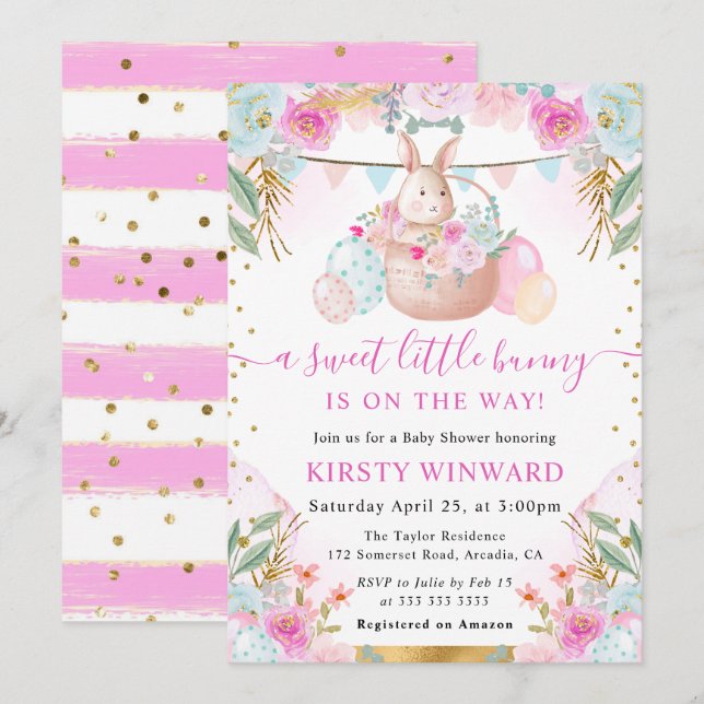 Invitation Aquarelle Rabbit de Pâques et Baby shower de fleur (Devant / Derrière)