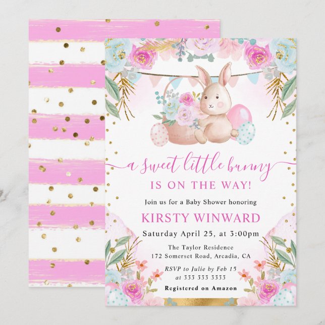 Invitation Aquarelle Rabbit de Pâques et Baby shower de fleur (Devant / Derrière)