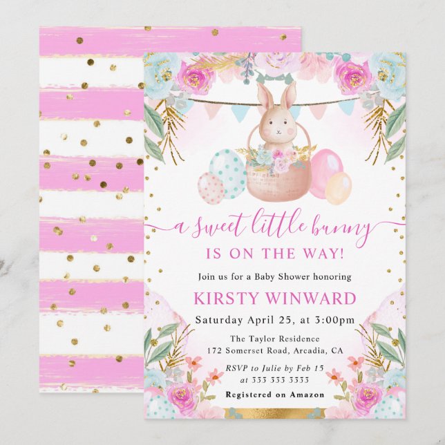 Invitation Aquarelle Rabbit de Pâques et Baby shower de fleur (Devant / Derrière)