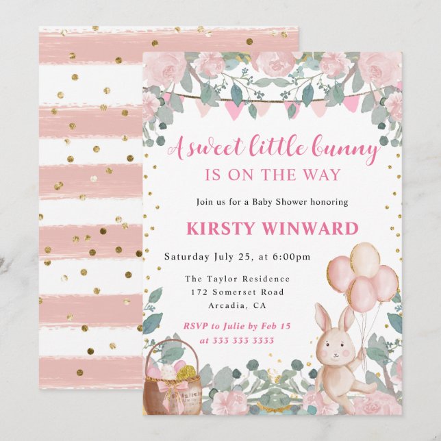 Invitation Aquarelle Rabbit et Baby shower de fleurs roses (Devant / Derrière)