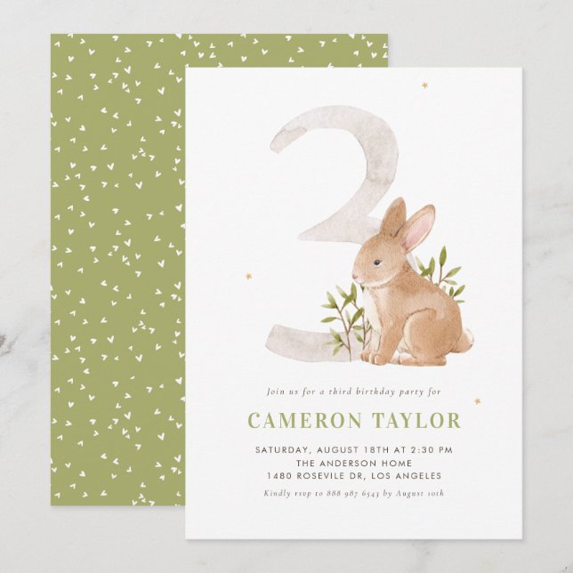 Invitation Aquarelle Rabbit Woodland Troisième fête d'anniver (Devant / Derrière)