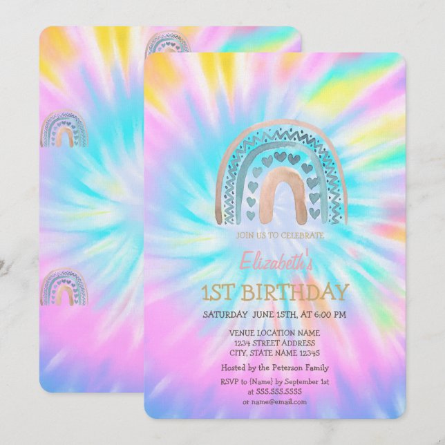 Invitation Aquarelle Rainbow Hearts Tie Dye Anniversaire (Devant / Derrière)
