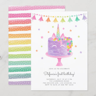 Invitation Aquarelle Rainbow Unicorn Cake Premier anniversair