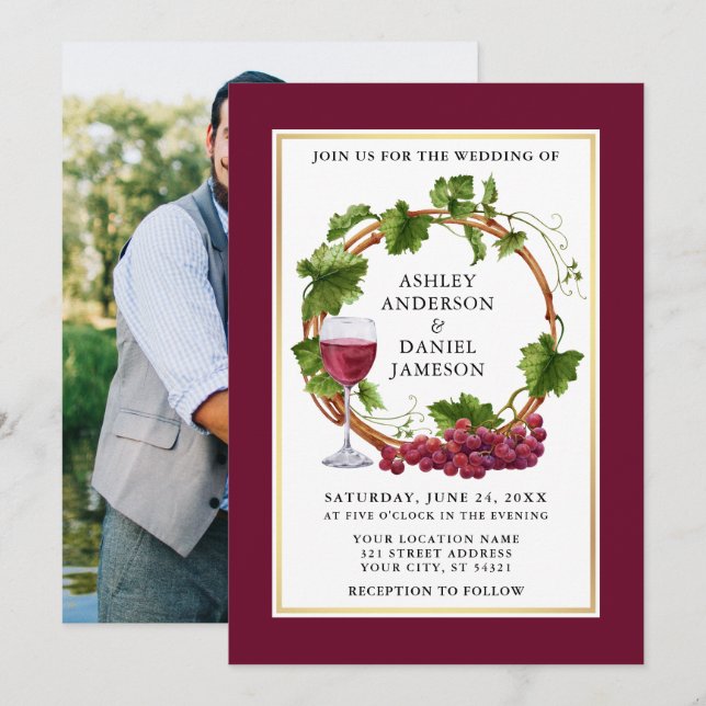 Invitation Aquarelle Raisins Wreath Photo Mariage Bourgogne (Devant / Derrière)