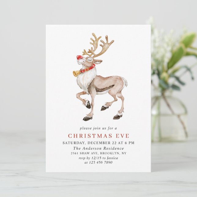 Invitation Aquarelle Reindeer Rudolf VACANCES NOËL EVE (Debout devant)