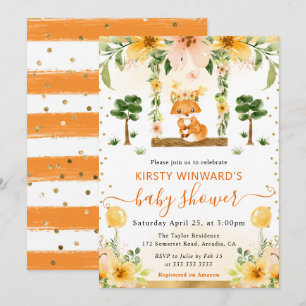 Invitation Aquarelle Renard Floral Mignon Baby Shower