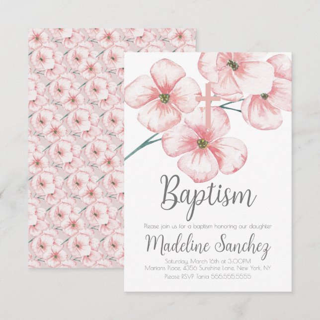 Invitation Aquarelle Ressort Baptême Floral Pink Dédication (Devant / Derrière)