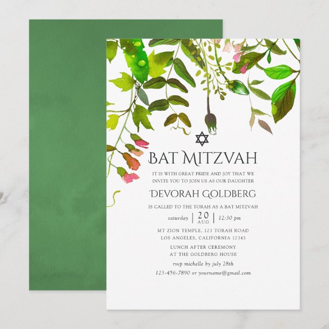 Invitation Aquarelle Ressort Bat mitzvah de verdure (Devant / Derrière)