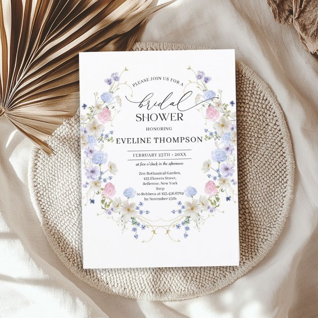 Invitation Aquarelle ressort bleu rose fleur sauvage couronne (Watercolor spring blue pink wildflowers wreath invitation)