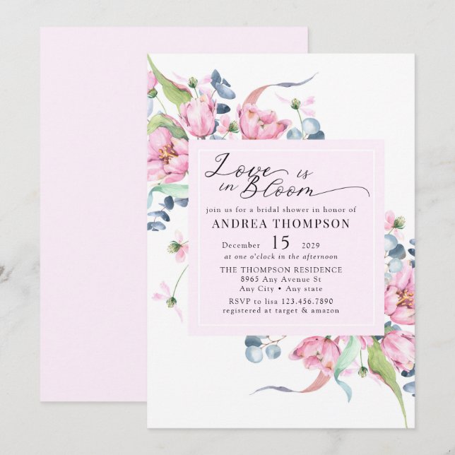 Invitation Aquarelle Ressort rose Fête des mariées florale (Devant / Derrière)