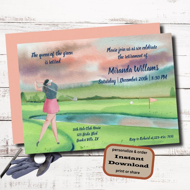 Invitation Aquarelle retraitée Golf femme sur le vert (Créateur téléchargé)