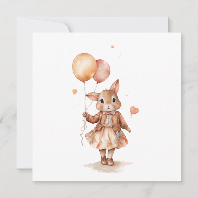 Invitation Aquarelle rétro Petite fille lapin avec ballons  (Devant)