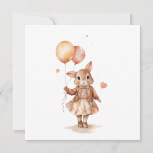 Invitation Aquarelle rétro Petite fille lapin avec ballons