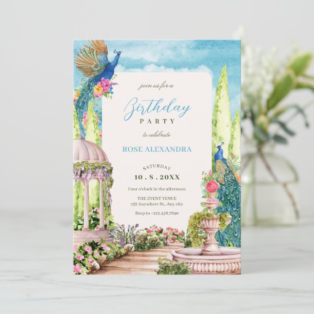 Invitation Aquarelle rêve fleuri jardin d'anniversaire oiseau (Debout devant)
