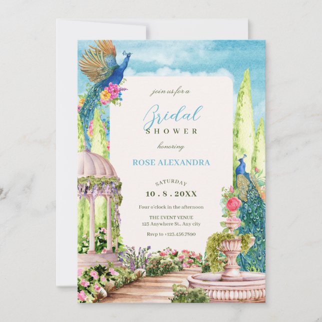 Invitation Aquarelle rêve fleuri jardin oiseau nuptiale douch (Devant)