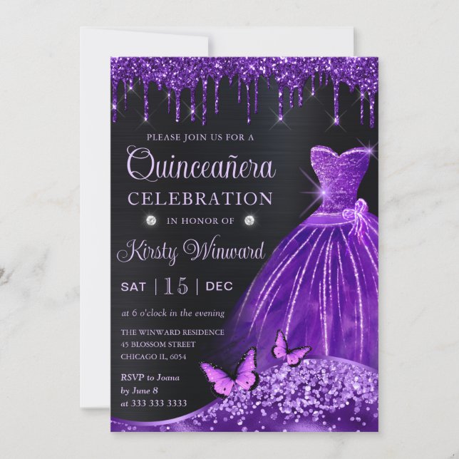 Invitation Aquarelle Robe Parties scintillant violet Quincean (Devant)