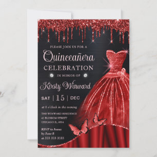 Invitation Aquarelle Robe Rouge Parties scintillant Quinceane