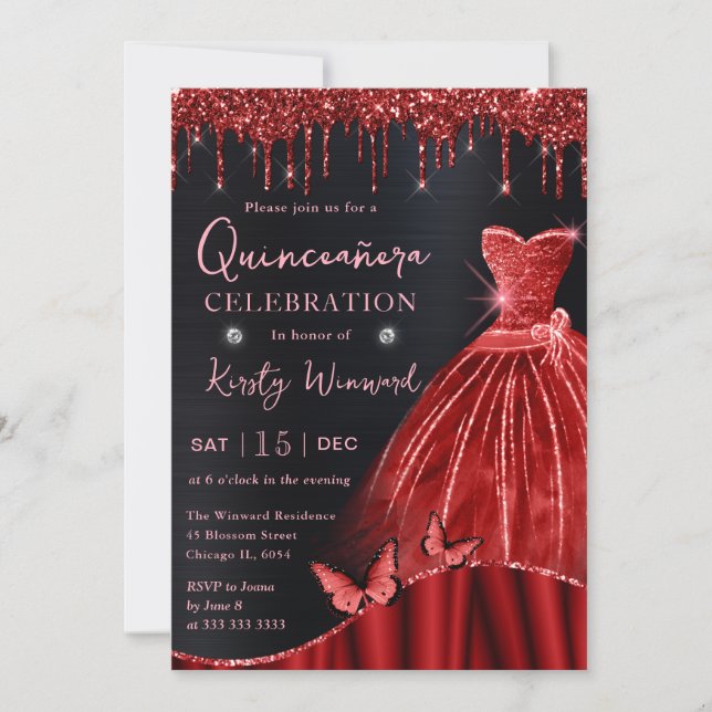 Invitation Aquarelle Robe Rouge Parties scintillant Quinceane (Devant)