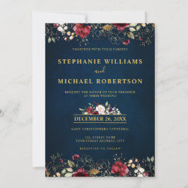Invitation Aquarelle romantique bordeaux rouge marine or flor