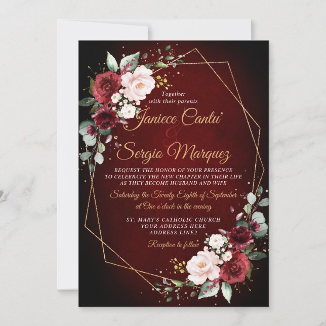 Invitation Aquarelle romantique Bourgogne Florale géométrique (Devant)