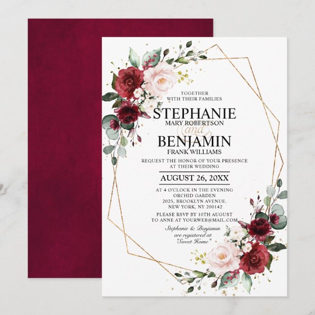 Invitation Aquarelle romantique Bourgogne Florale géométrique (Devant / Derrière)