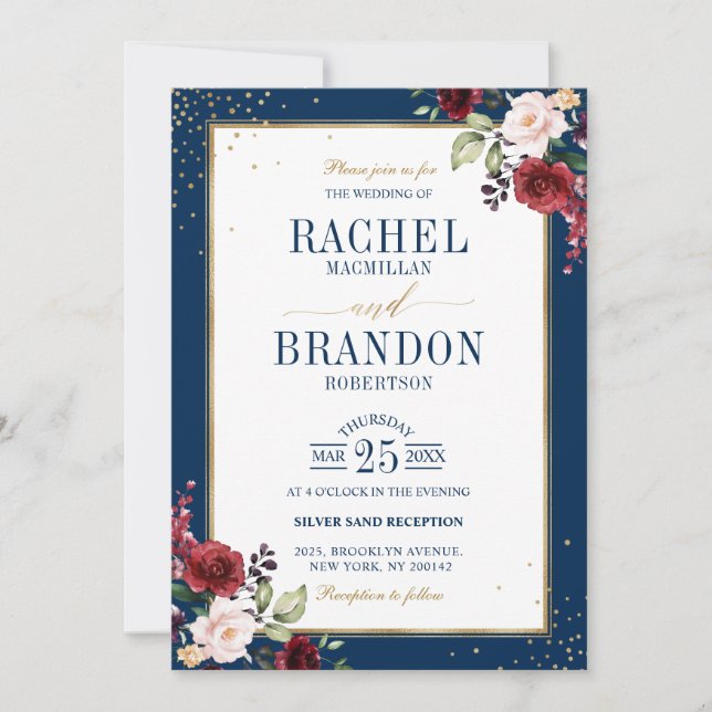 Invitation Aquarelle romantique Bourgogne Mariage Floral (Devant)