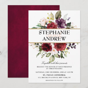 Invitation Aquarelle romantique Bourgogne Rouge Blush Rose Fl