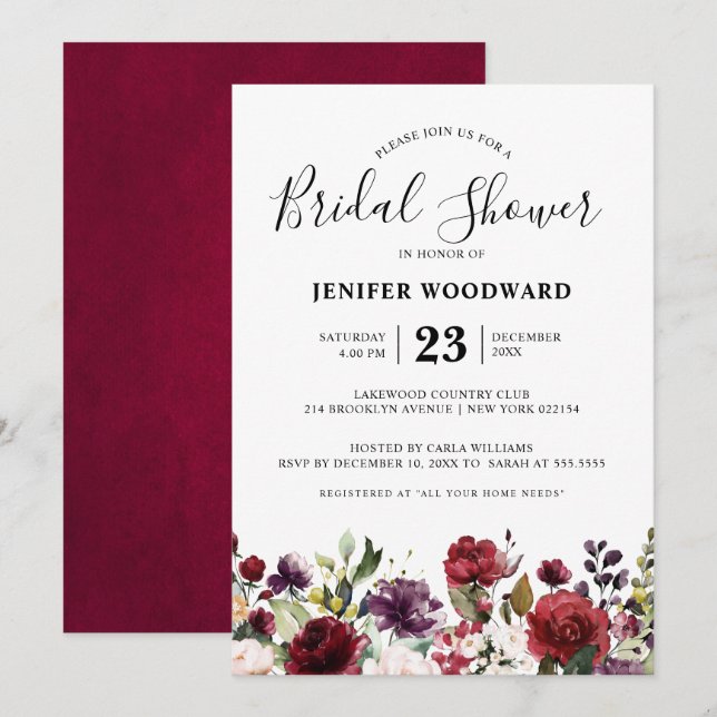 Invitation Aquarelle romantique Bourgogne Rouge Blush Rose Fl (Devant / Derrière)