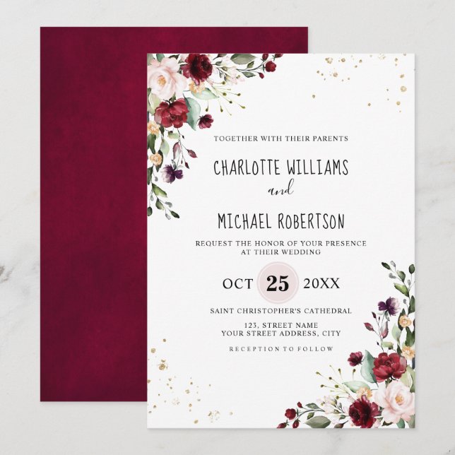Invitation Aquarelle romantique Bourgogne Rouge Blush Rose Fl (Devant / Derrière)