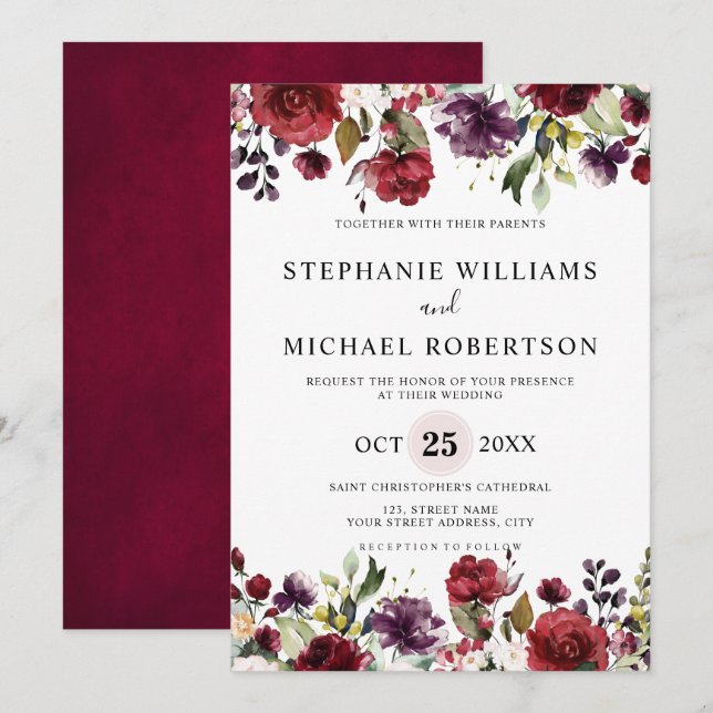 Invitation Aquarelle romantique Bourgogne Rouge Blush Rose Fl (Devant / Derrière)