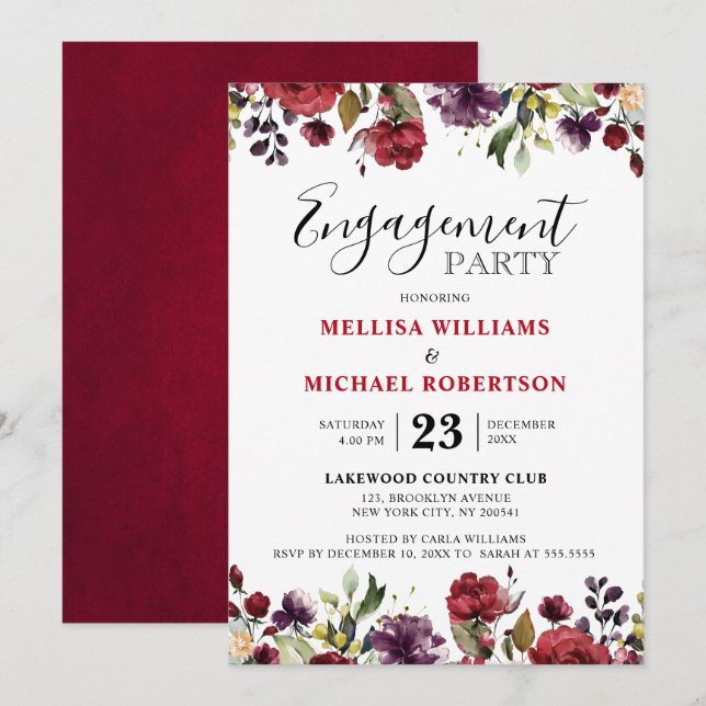 Invitation Aquarelle romantique Bourgogne Rouge Blush Rose Fl (Devant / Derrière)
