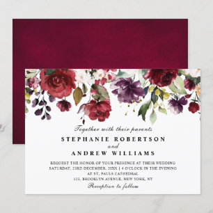 Invitation Aquarelle romantique Bourgogne Rouge Blush Rose Fl