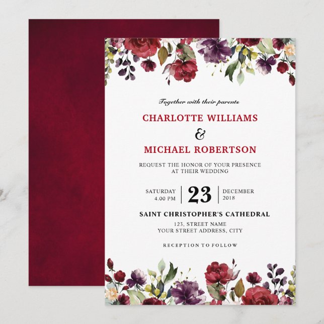 Invitation Aquarelle romantique Bourgogne Rouge Blush Rose Fl (Devant / Derrière)