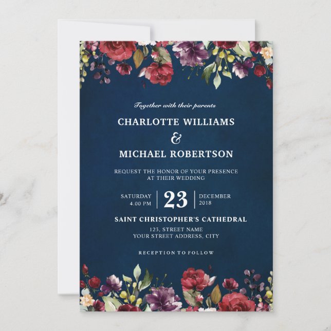 Invitation Aquarelle romantique Bourgogne Rouge Marine Floral (Devant)