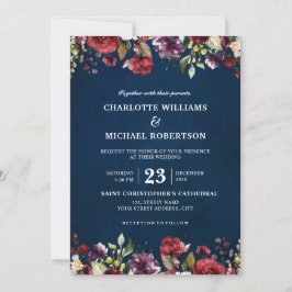 Invitation Aquarelle romantique Bourgogne Rouge Marine Floral