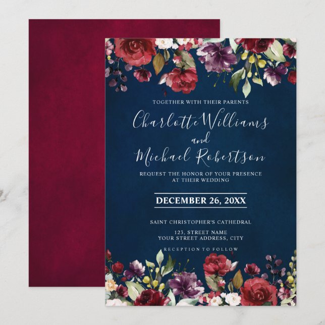 Invitation Aquarelle romantique Bourgogne Rouge Marine Floral (Devant / Derrière)