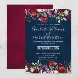 Invitation Aquarelle romantique Bourgogne Rouge Marine Floral