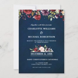 Invitation Aquarelle romantique Bourgogne Rouge Marine Floral