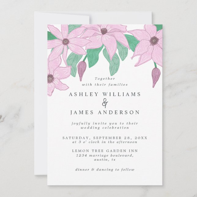 Invitation Aquarelle romantique Clematis rose Design floral (Devant)