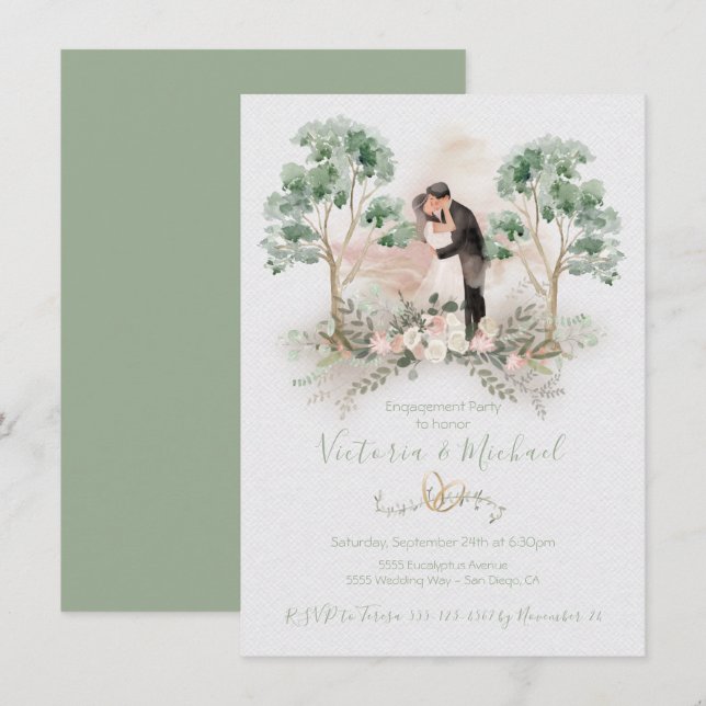 Invitation Aquarelle Romantique Couple Eucalyptus Floral (Devant / Derrière)