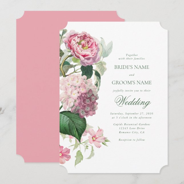 Invitation Aquarelle romantique Fleurs roses Mariage de jardi (Devant / Derrière)